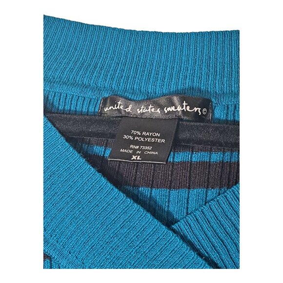 United States Sweaters XL V-Neck Pullover Turquoise Blue Black Striped Stretch - Picture 4 of 16